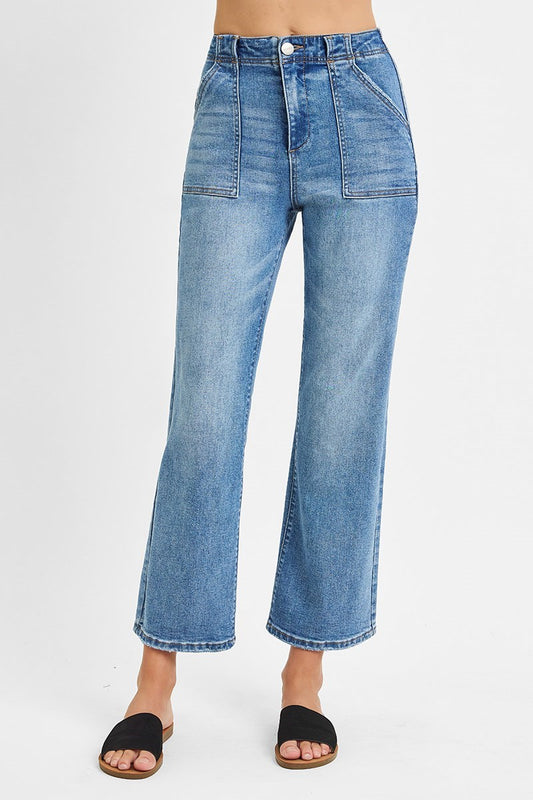 High Rise Medium Wash Ankle Flare Jeans