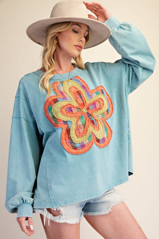 Floral Patchwork Washed Terry Pullover