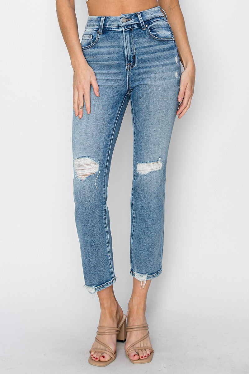 High Rise Distressed Ankle Straight Jeans