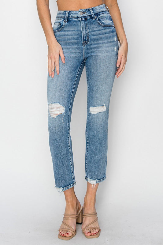 High Rise Distressed Ankle Straight Jeans