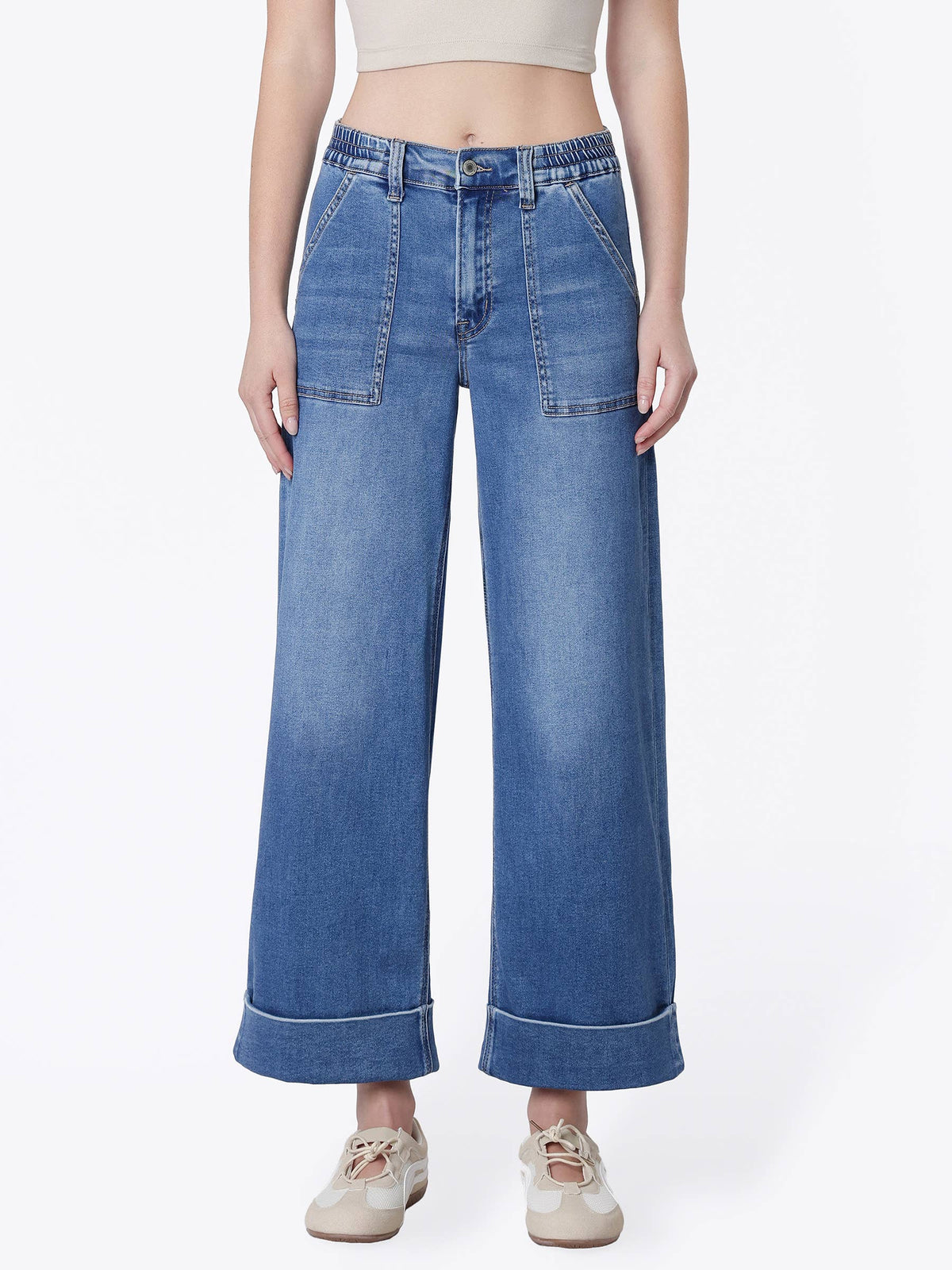 HIGH RISE DOUBLE CUFFED BAGGY WIDE JEANS