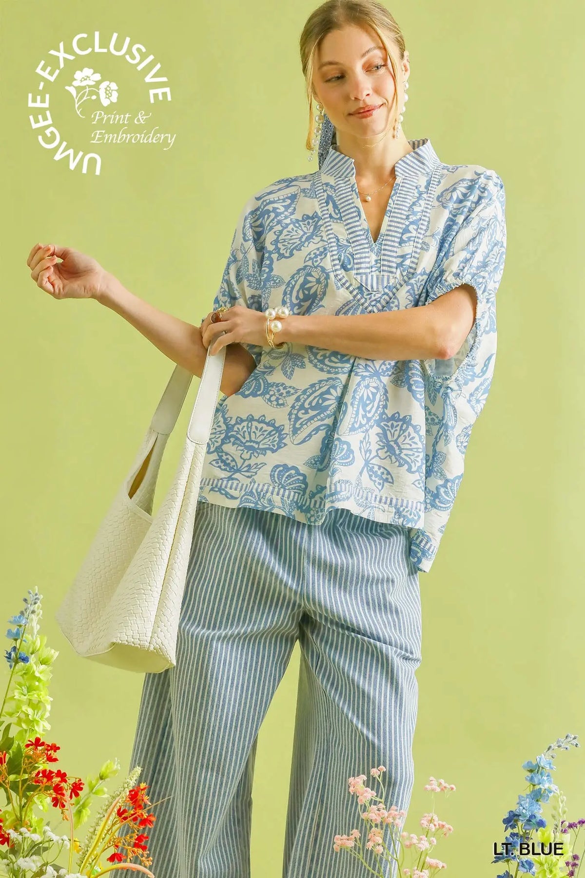 Botanical Print Mixed Trim Tunic Top