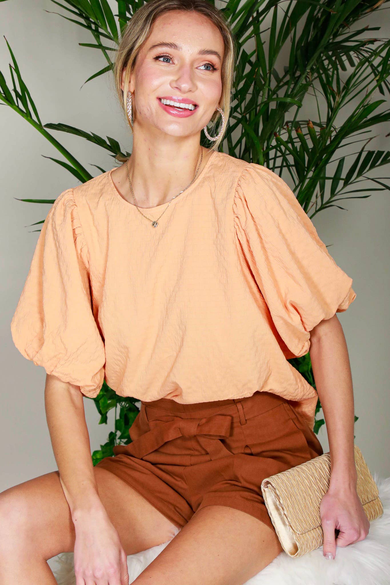 Round Neck Short Bubble Sleeve Woven Blouse Top VT81715B