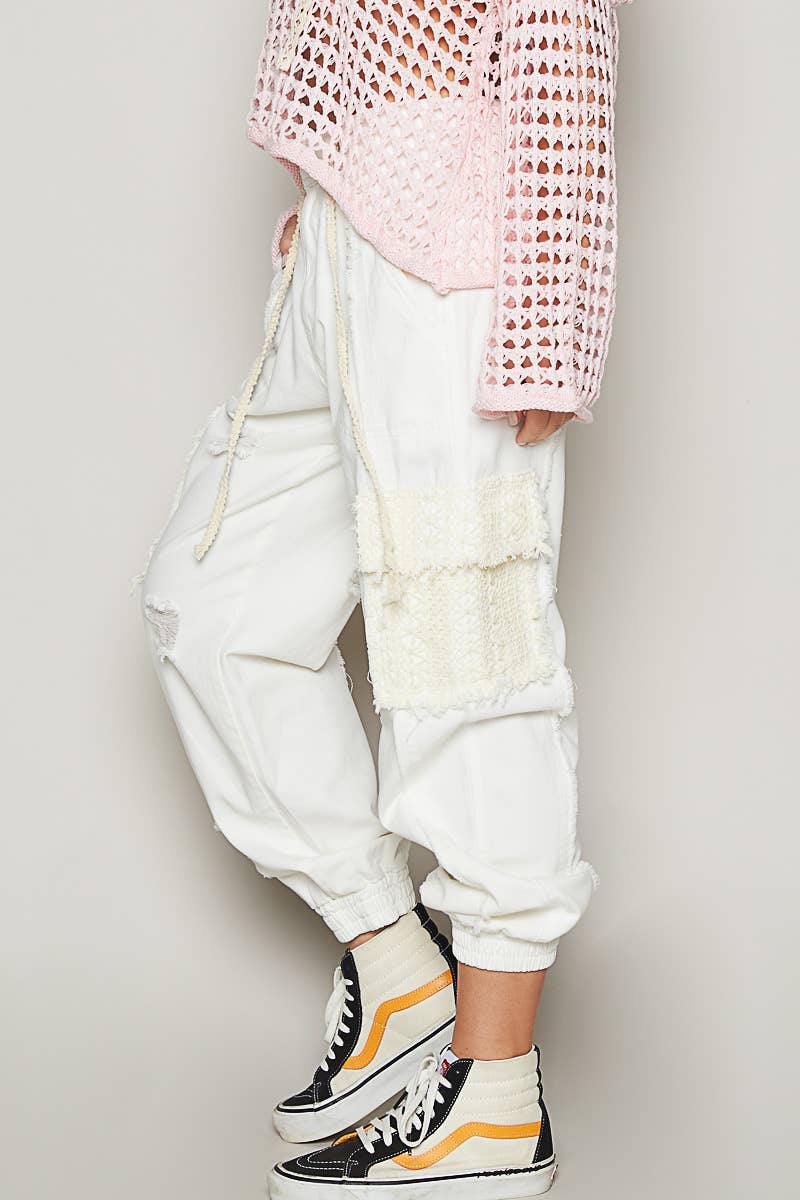 Tie waistband contrast crochet cargo pockets denim joggers