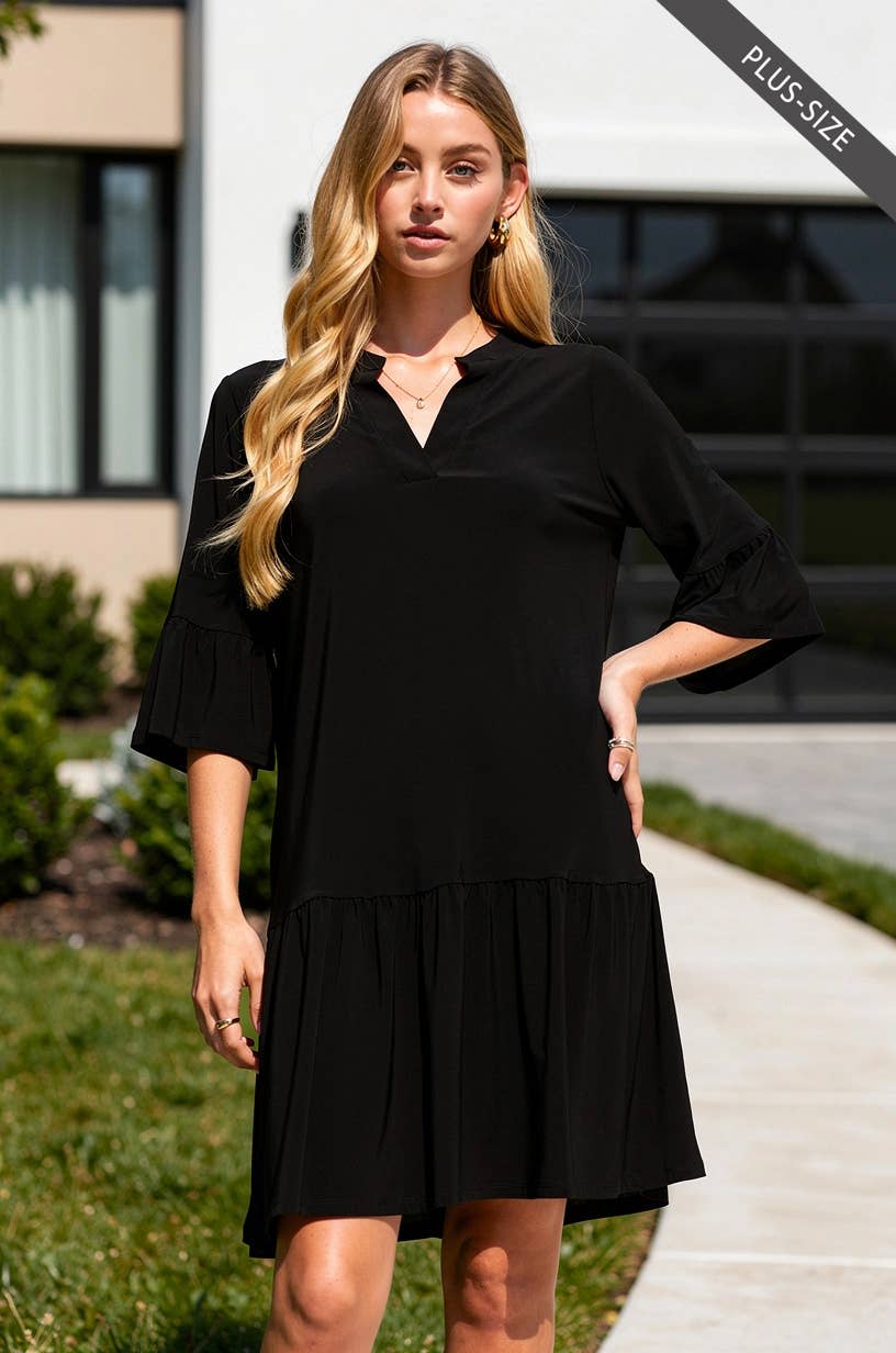Wrinkle Free Shirred Tiered Relaxed 3/4 Sleeve Dress