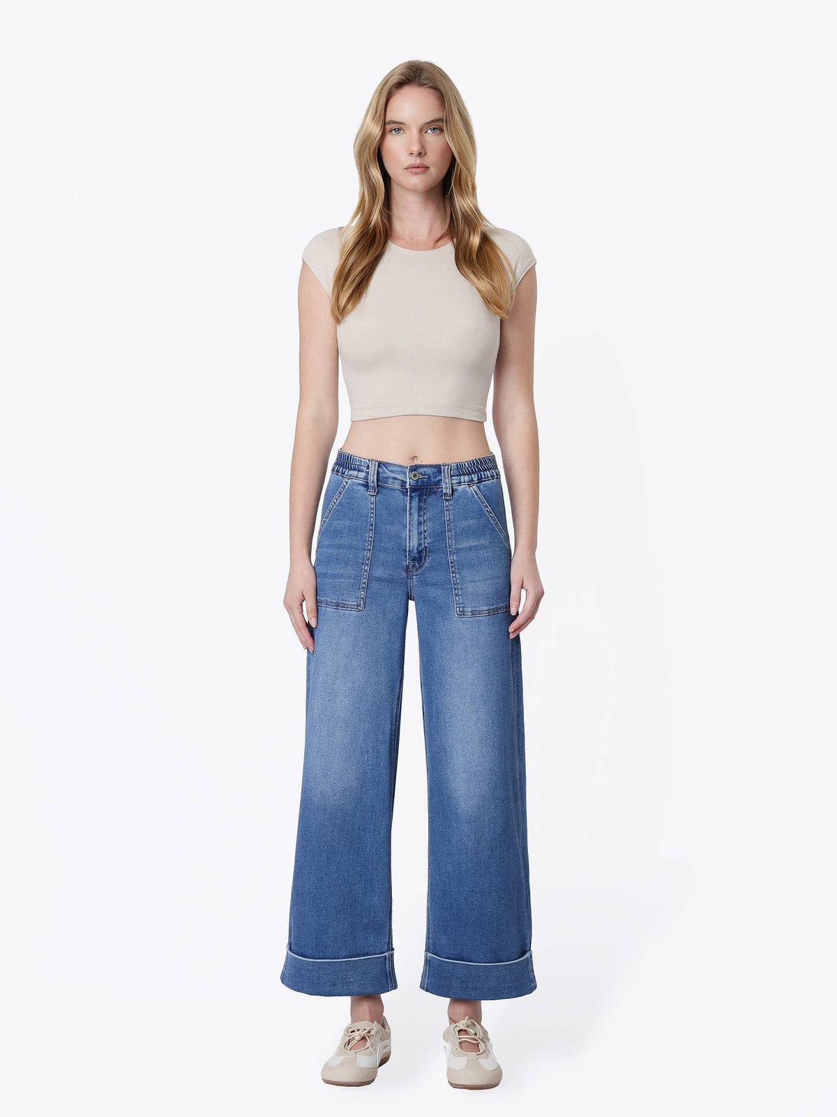 HIGH RISE DOUBLE CUFFED BAGGY WIDE JEANS