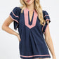 Pink & Navy Detailed Flutter Sleeve Top