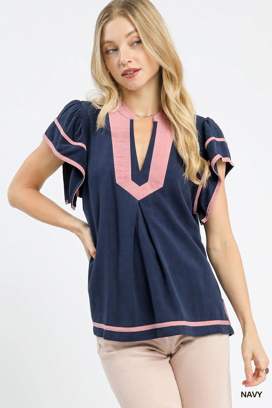 Pink & Navy Detailed Flutter Sleeve Top