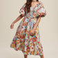 Vintage Flower Print Puff-Sleeve Midi Dress