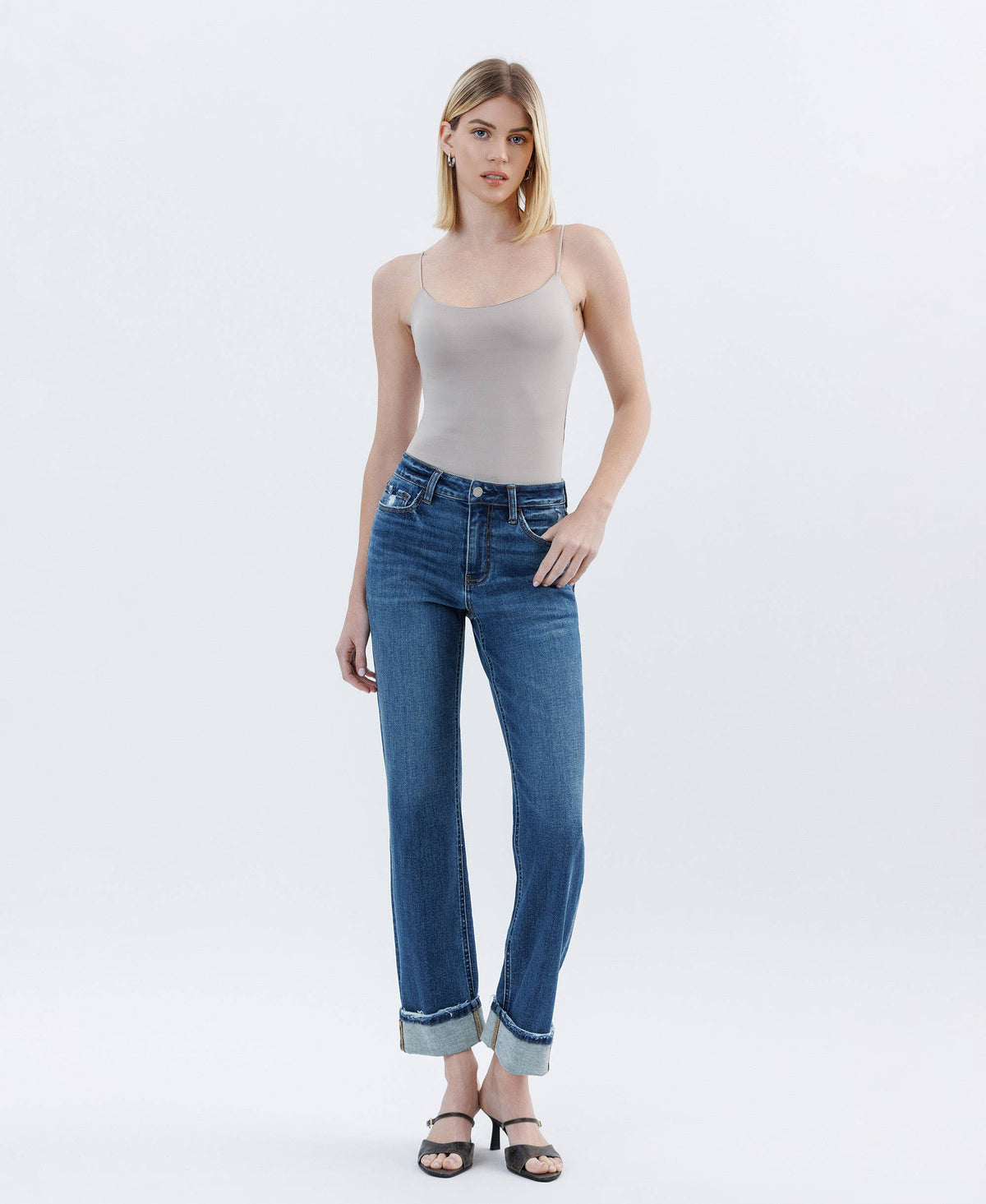 HIGH RISE DARK WASH CUFFED STRAIGHT JEANS