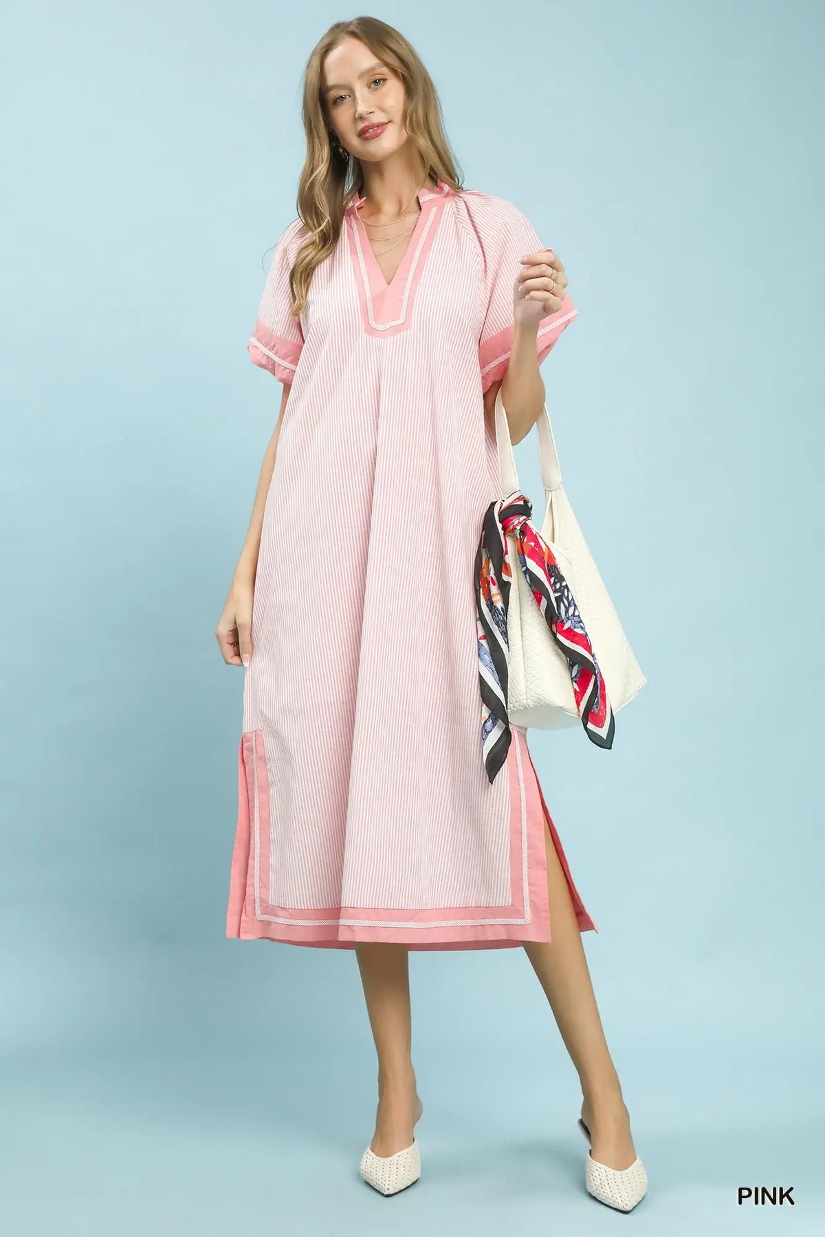 Pinstripe Contrast Trim Midi Dress