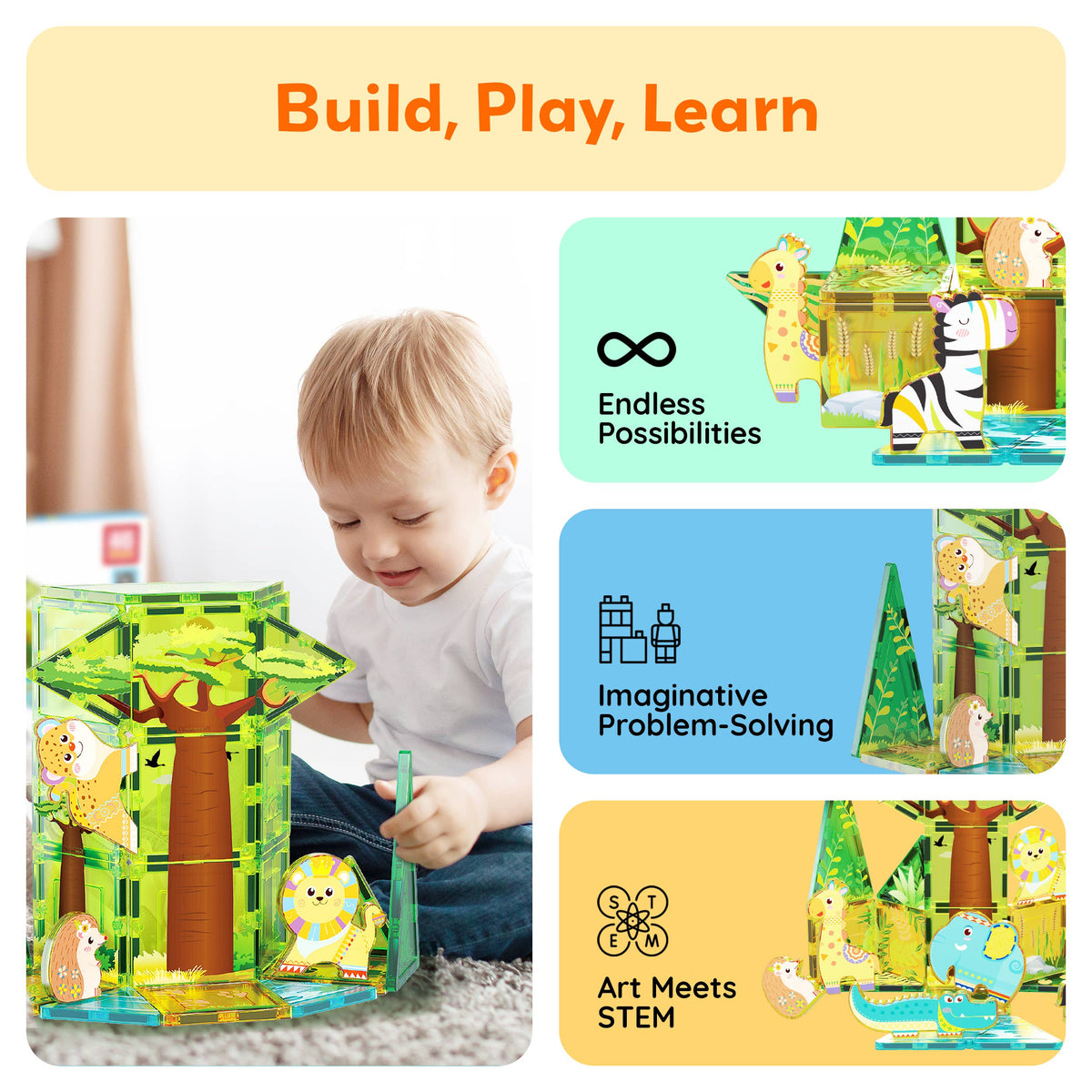 PicassoTiles 46pc Safari Theme Magnetic Tile Building Set