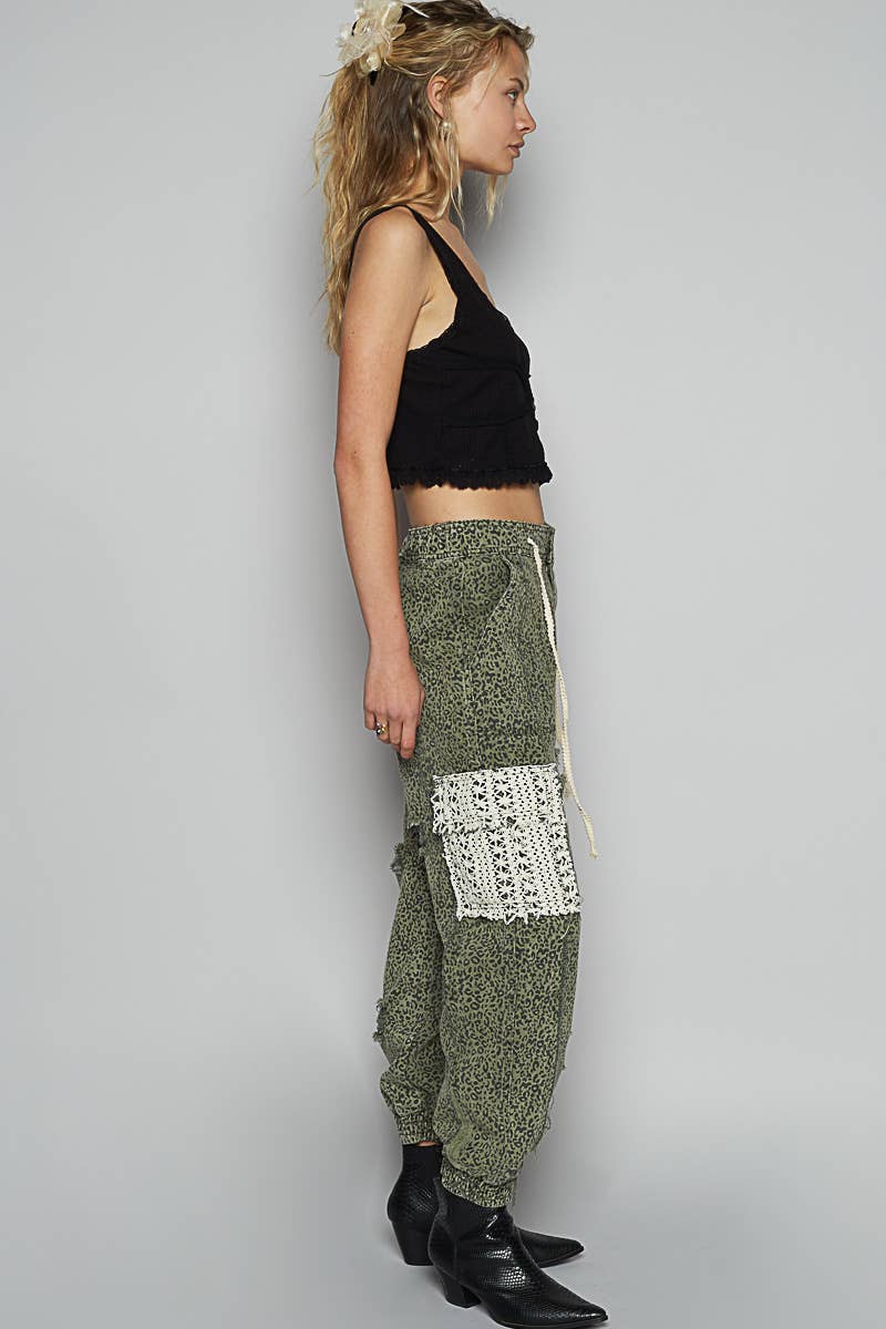 Tie waistband contrast crochet cargo pockets denim joggers