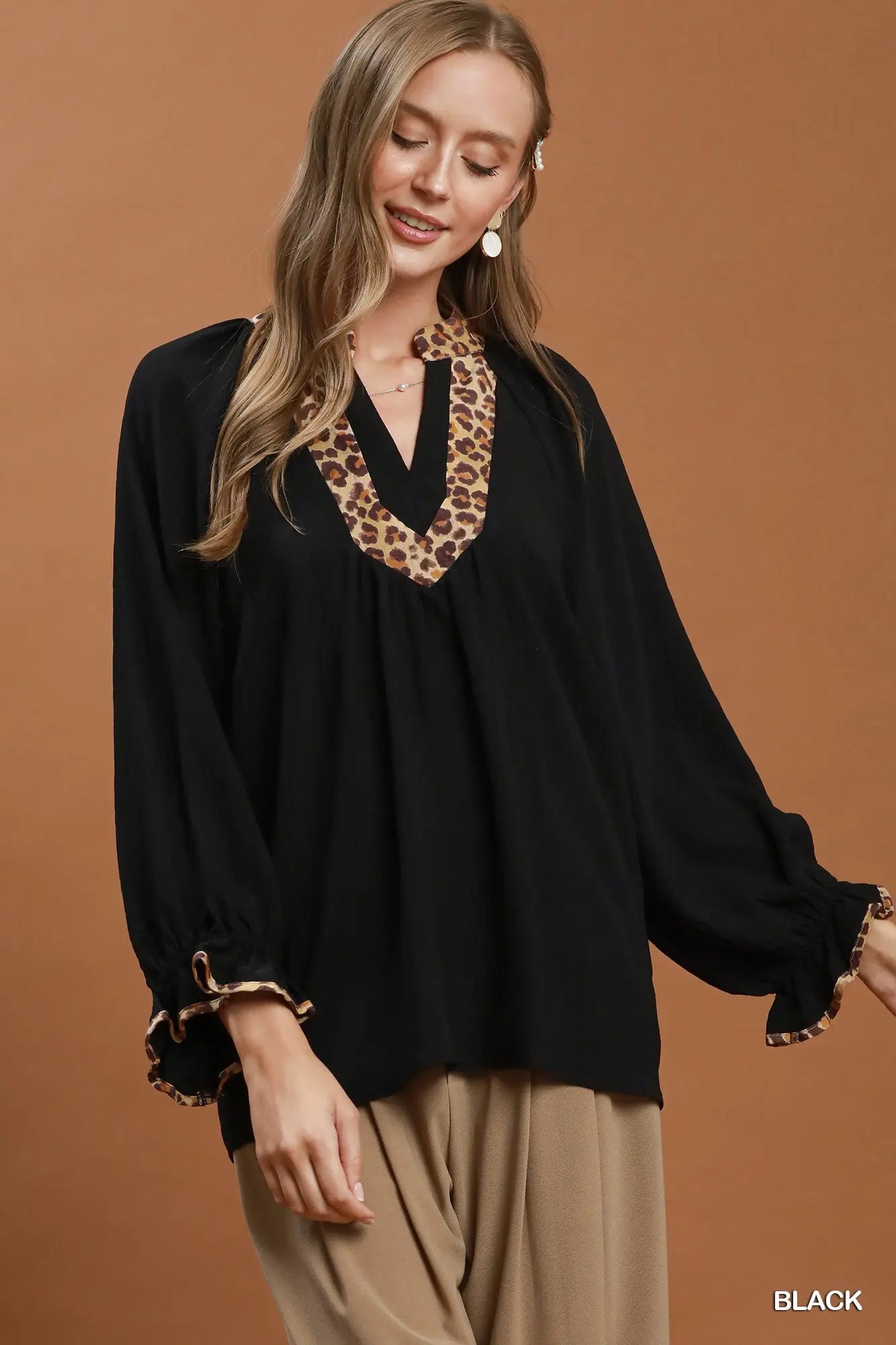 Black Leopard Trim Top