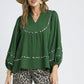 Leopard Trim Bubble Sleeve Blouse