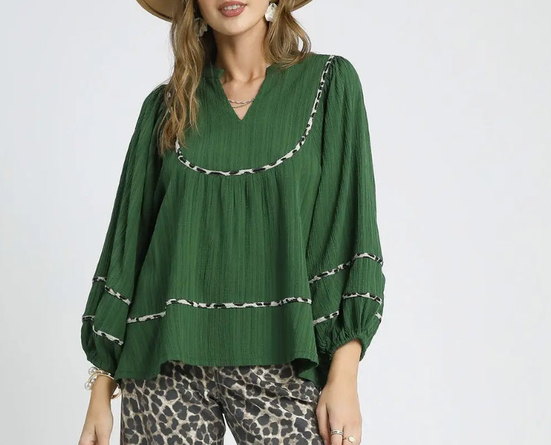 Leopard Trim Bubble Sleeve Blouse