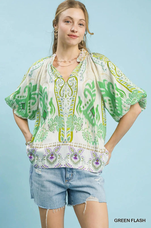 Green Design Puff Sleeve Top