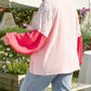 Pink Contrast Floral Patchwork Long Sleeve Plus Size Blouse