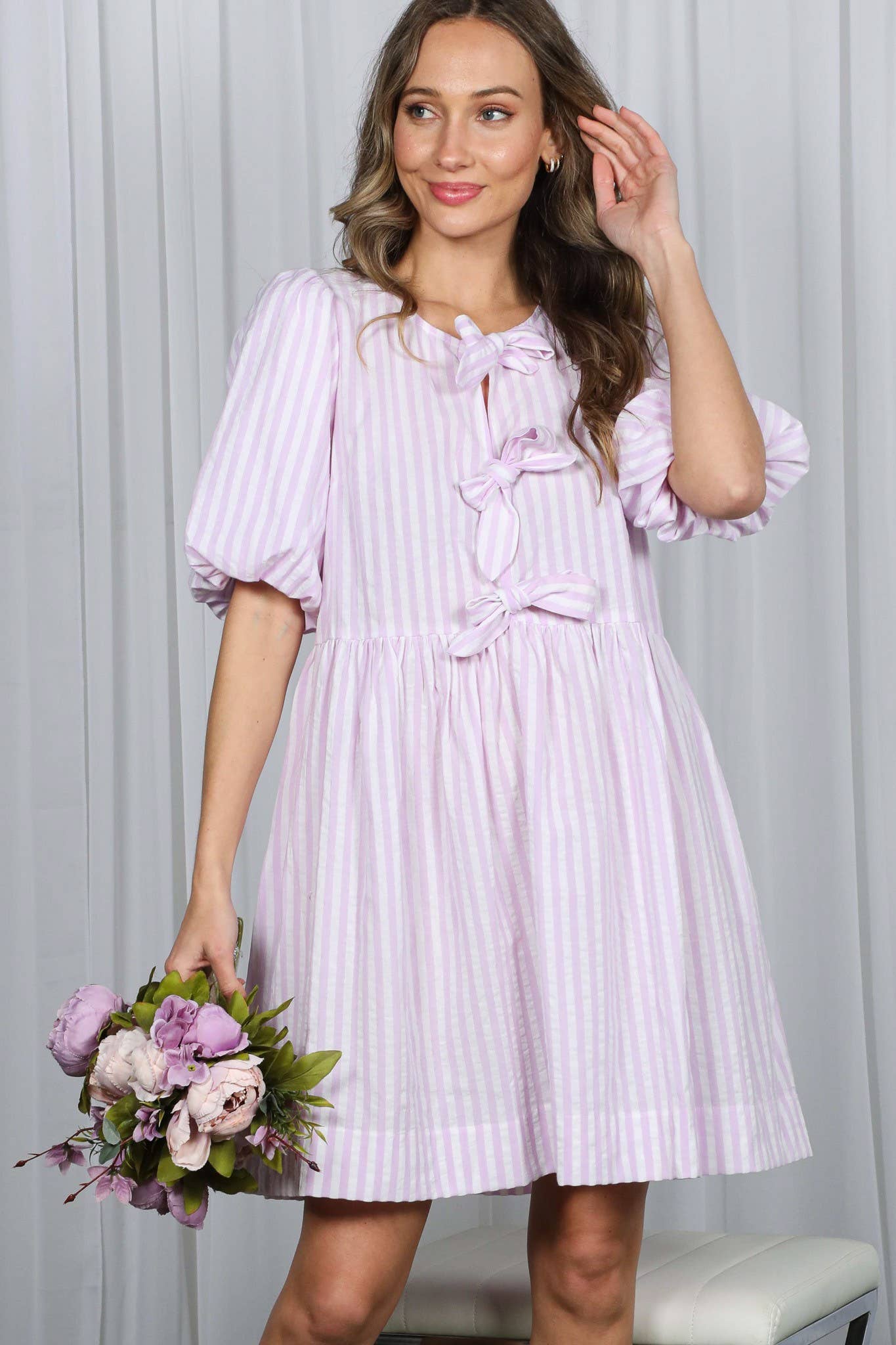 Bow Tie Front Striped Baby Doll Mini Dress VD82683