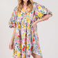 HALF BUTTON BUBBLE SLEEVE FLORAL MIDI DRESS