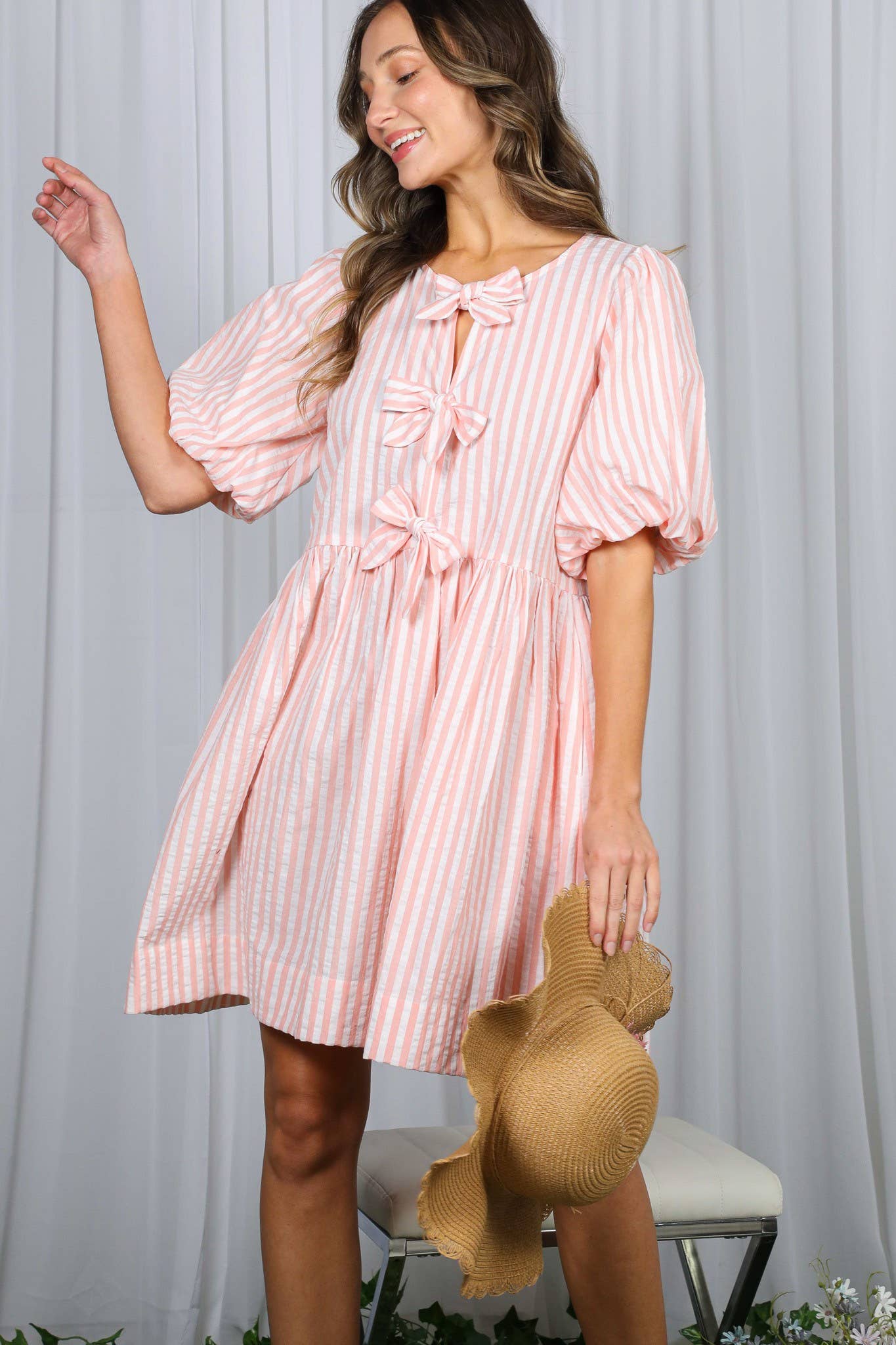 Bow Tie Front Striped Baby Doll Mini Dress VD82683