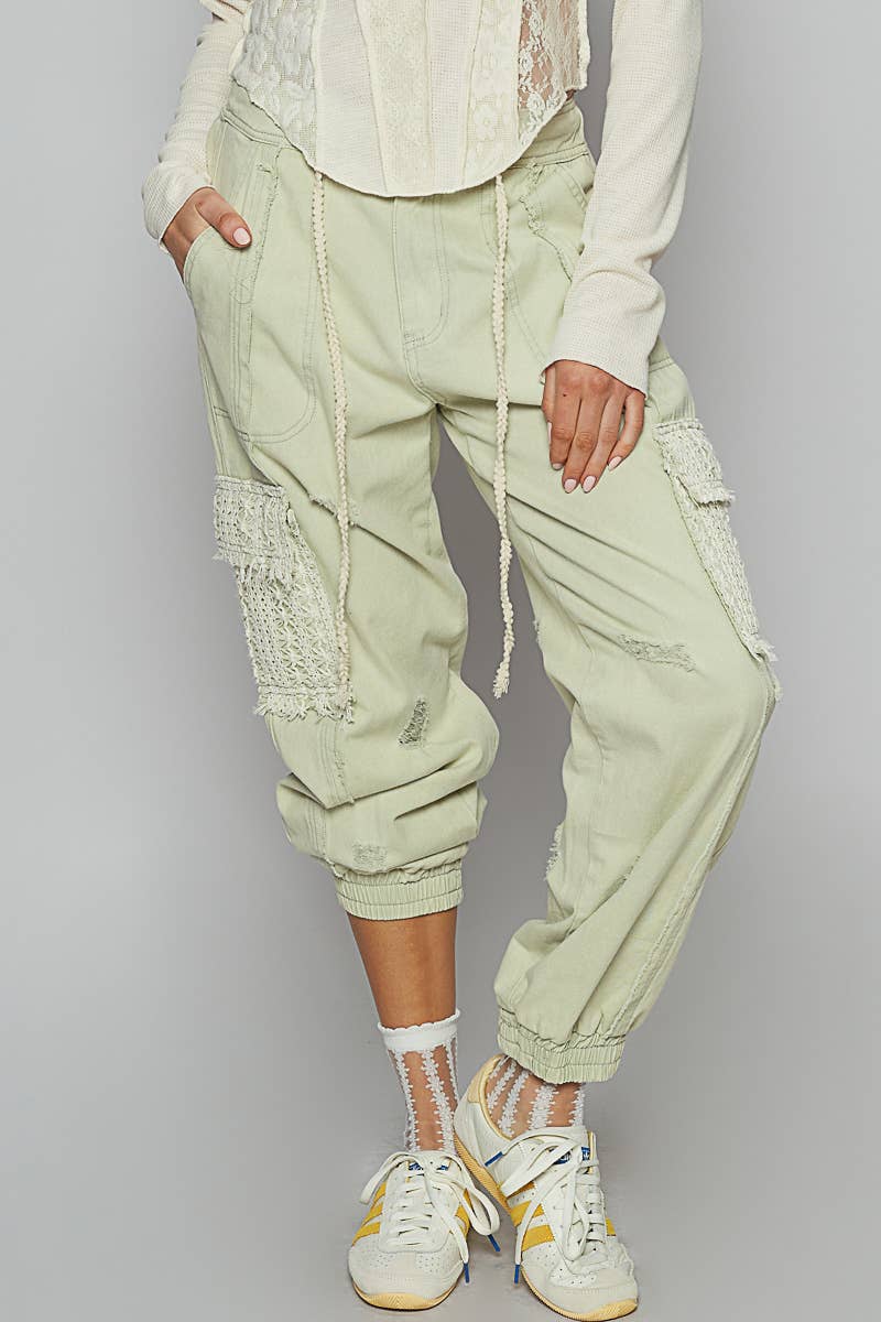 Tie waistband contrast crochet cargo pockets denim joggers
