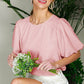 Round Neck Short Bubble Sleeve Woven Blouse Top VT81715B