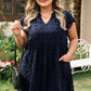 Navy Blue Dotty Textured Notched Neck Plus Ruffled Dress