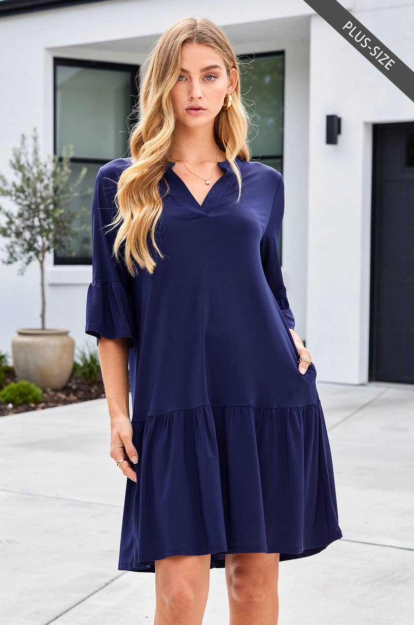 Wrinkle Free Shirred Tiered Relaxed 3/4 Sleeve Dress