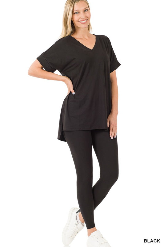 Black Short Sleeve V Neck Loungewear Set