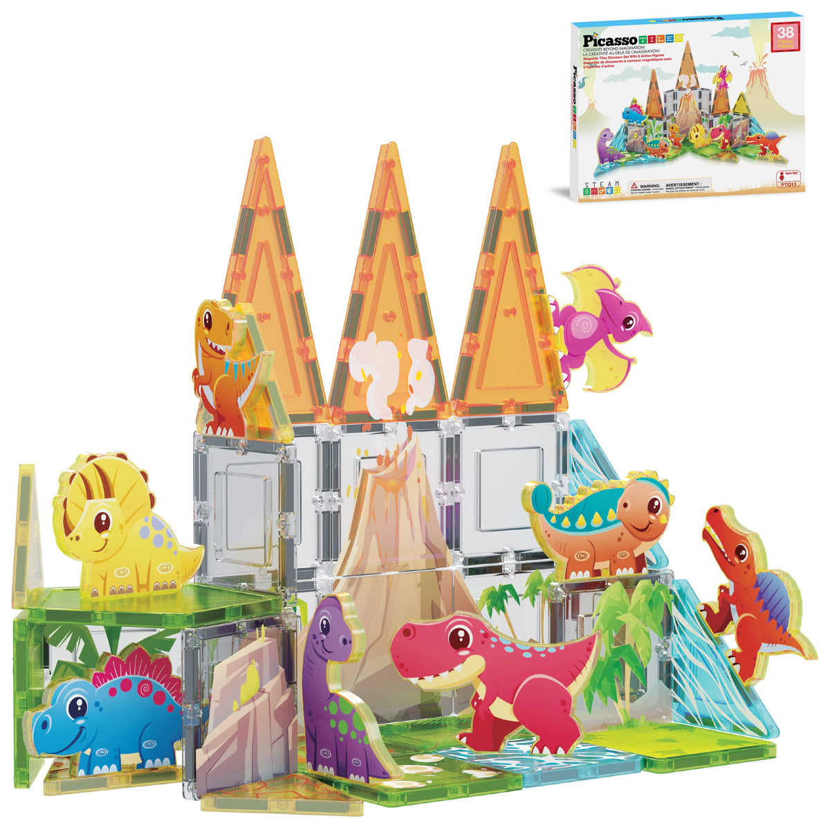 PicassoTiles 38pc Dinosaur Theme Magnetic Tile Building Set