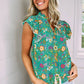 Women's Lace Trim Flutter Sleeve Tropical Floral Blouse