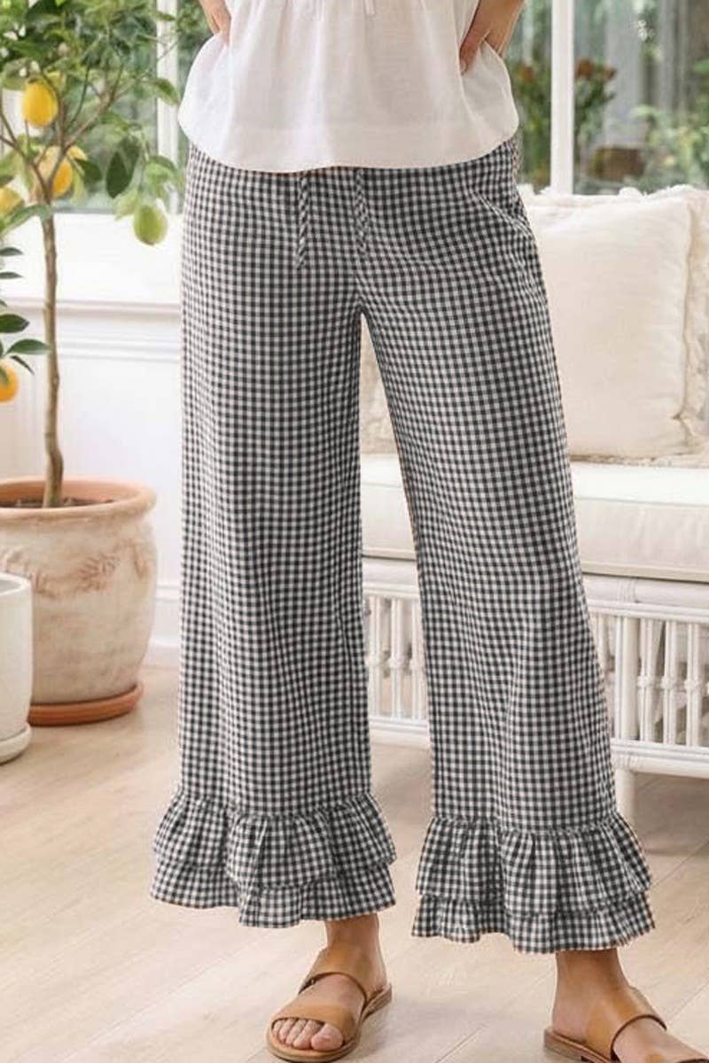 Gingham Casual Ruffled Hem 100%Cotton Cropped Pants