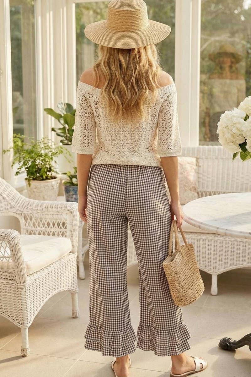 Gingham Casual Ruffled Hem 100%Cotton Cropped Pants