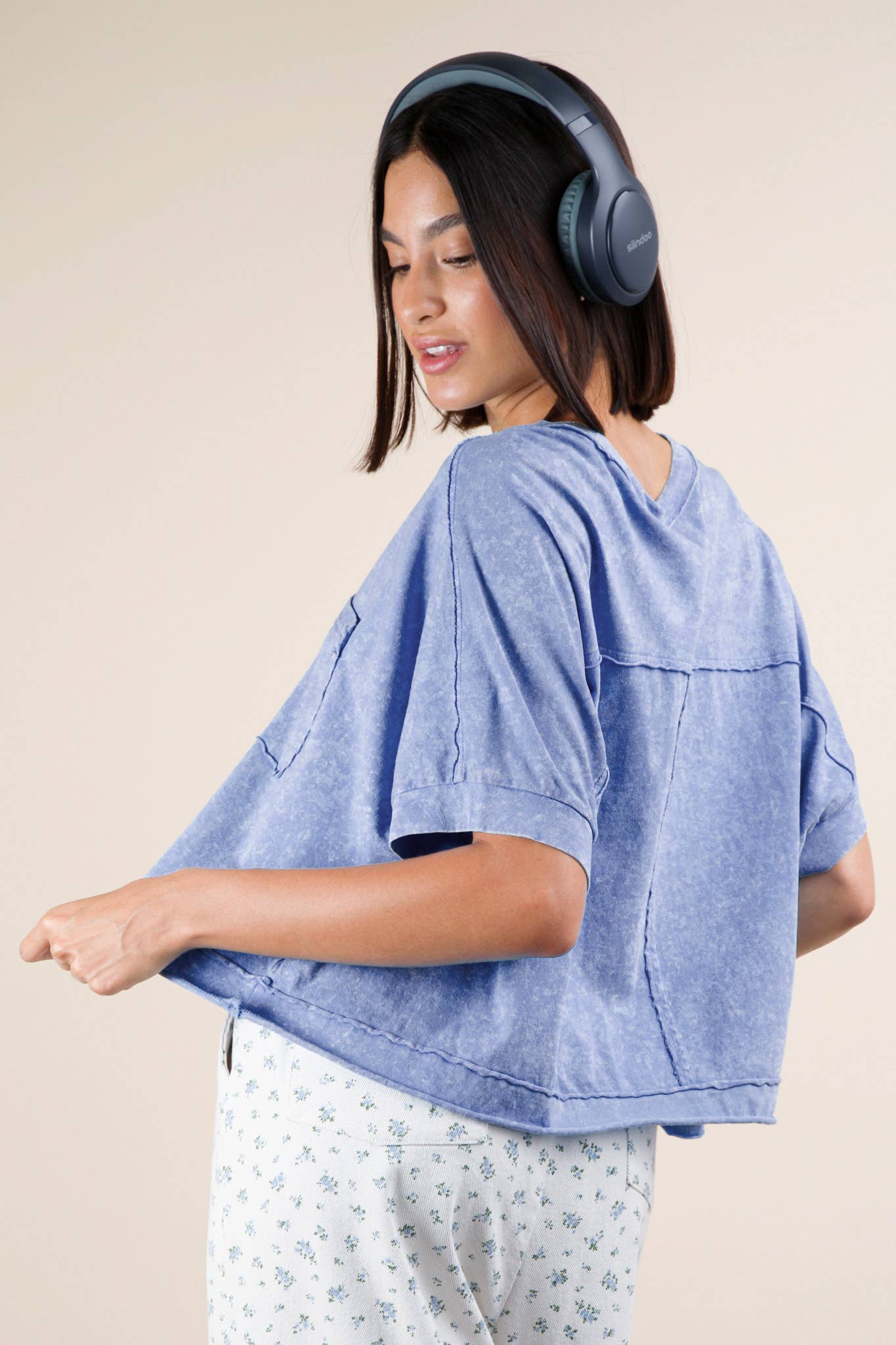 NT11429-Mineral Washed Oversized Crop Comfy Knit Top