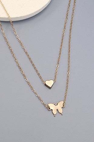 Gold Double Layer Butterfly Heart Necklace