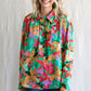 Green Floral Abstract Collared Button Front Top