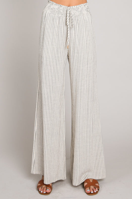 Natural White Soft Striped Linen Smocked Pants