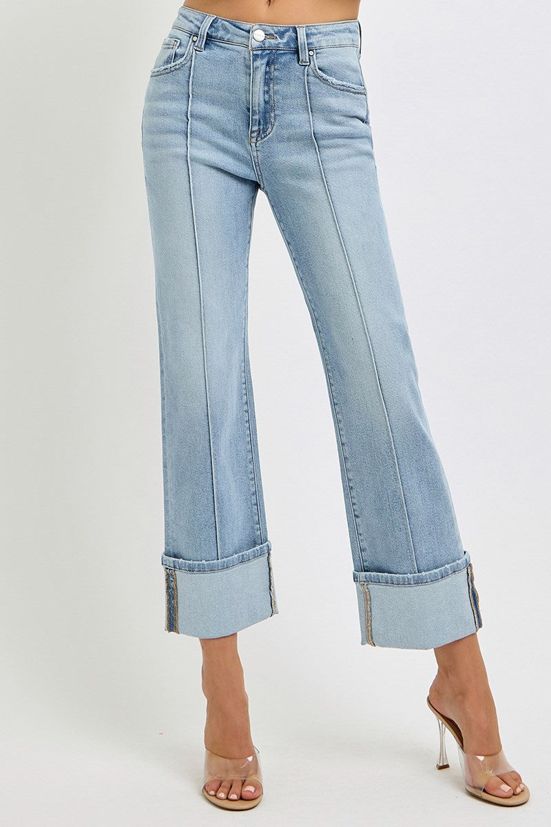 High Rise Ankle Straight Wide Cuffed Jeans