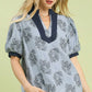 Blue Embroidered V-Neck Top