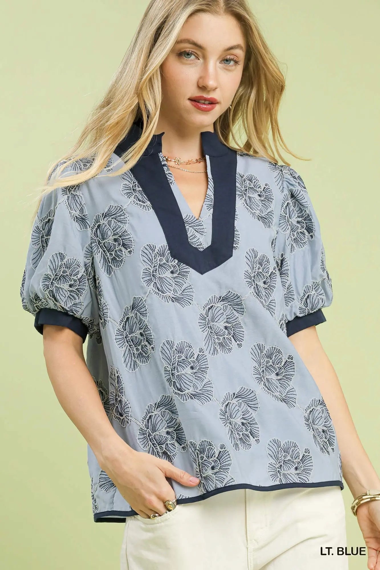 Blue Embroidered V-Neck Top