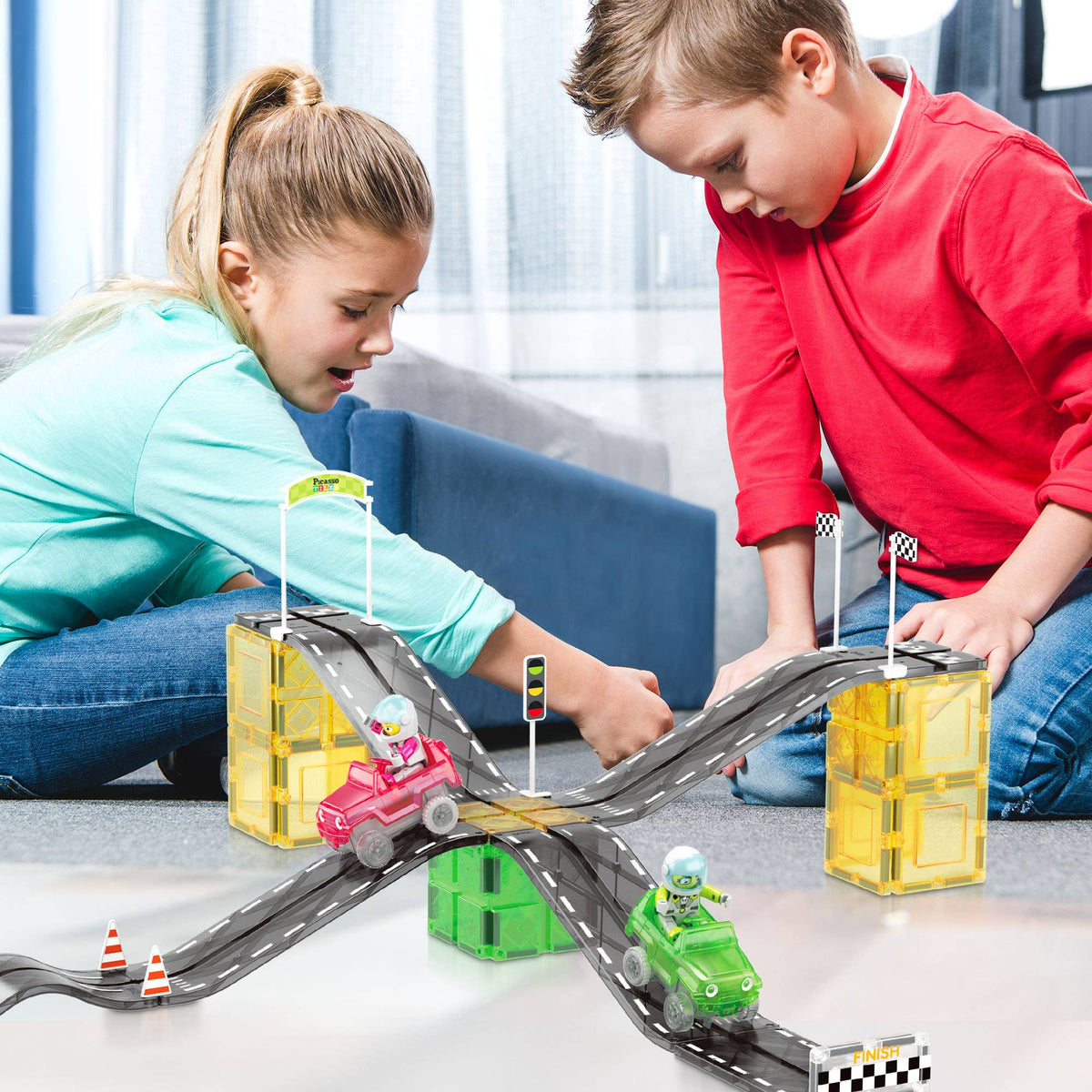 PicassoTiles Race Car Track Slider Racing Building Set