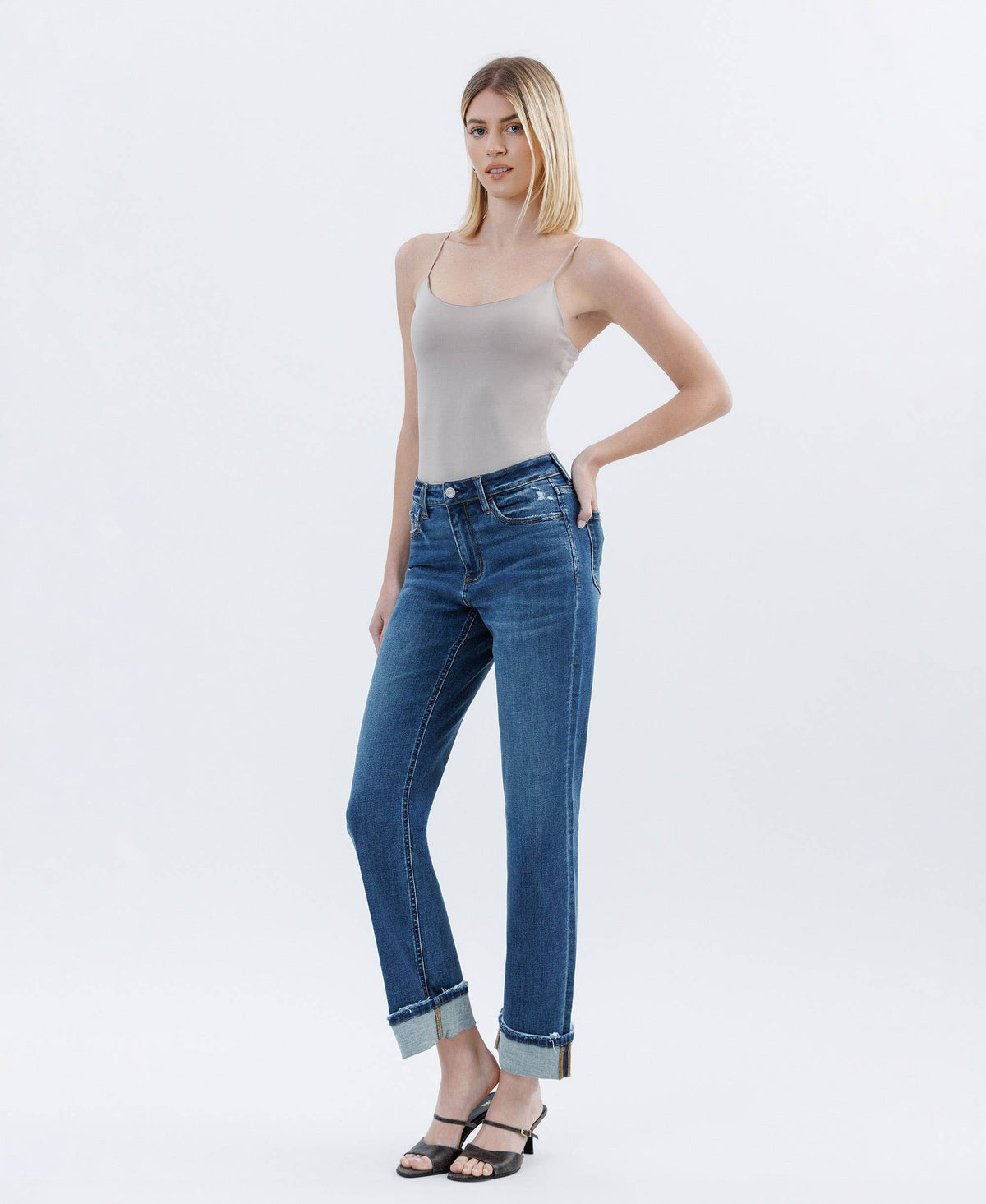 HIGH RISE DARK WASH CUFFED STRAIGHT JEANS