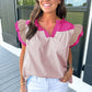 Mist Blue Colorblock Ruffled Sleeve Frill V Neck Blouse