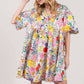 HALF BUTTON BUBBLE SLEEVE FLORAL MIDI DRESS