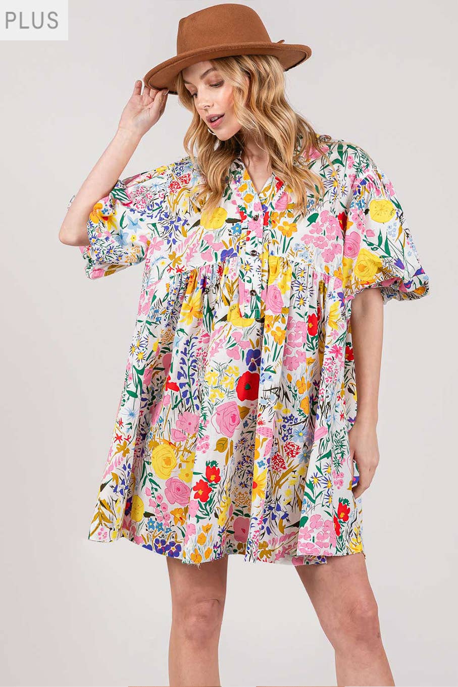 HALF BUTTON BUBBLE SLEEVE FLORAL MIDI DRESS