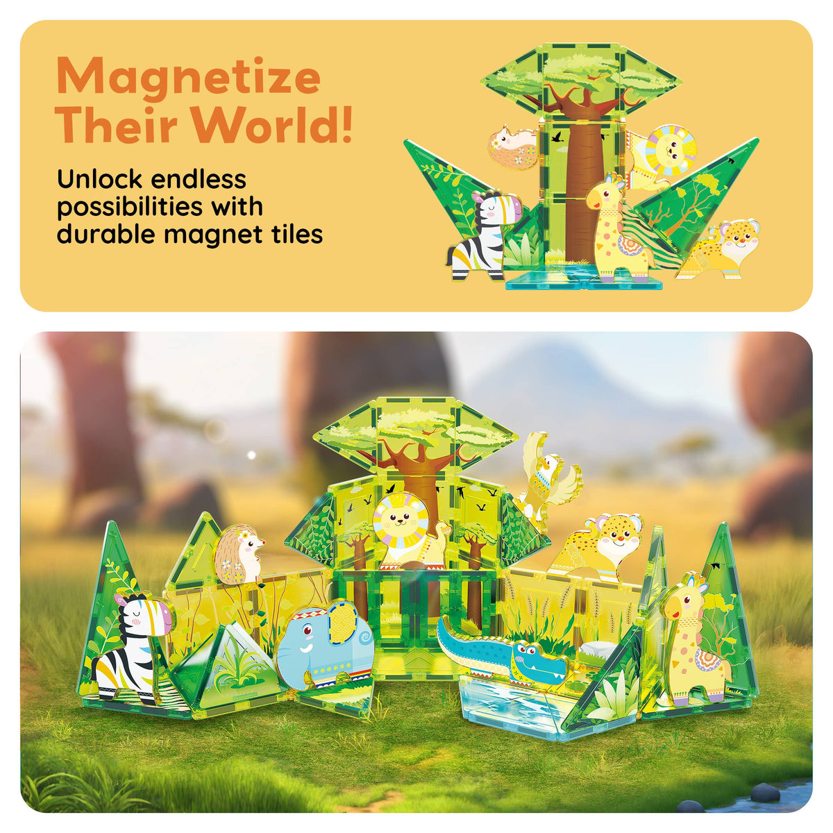 PicassoTiles 46pc Safari Theme Magnetic Tile Building Set