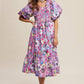Vintage Flower Print Puff-Sleeve Midi Dress