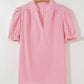 Pink Stripe Notched Neck Frilled Short Puff Sleeve Blouse