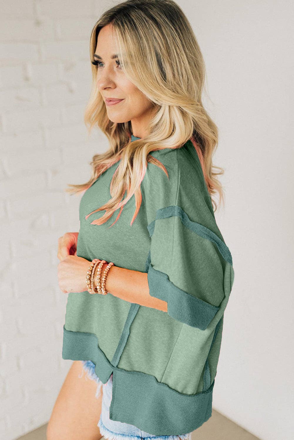 Peach Blossom Half Sleeve Raw Seam High Low Side Split Top